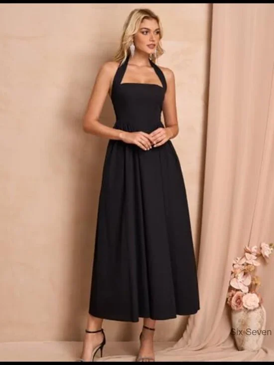 Halter Midi Dress Corset Elegant Long Formal Cocktail Wedding Guest - Picture 4 of 6